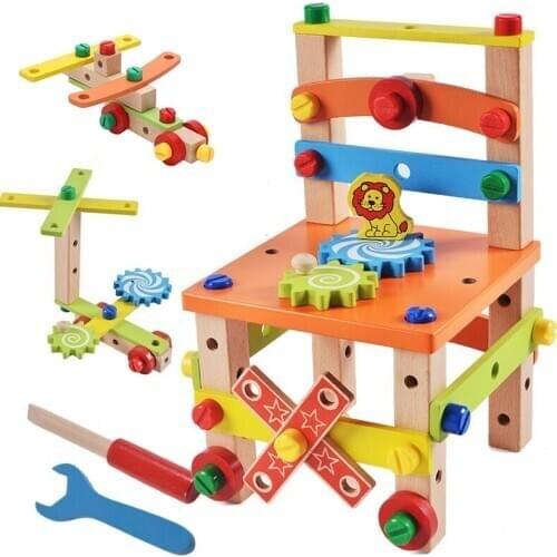 Dropshipping Wooden Assembling Chair Montessori Learning Educational Toy Chair Designer Set Of Tools Wooden Toys Gifts For Child