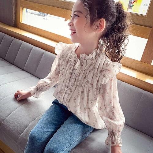 Kids 2-14 years 2021 fashion chiffion print thin breathable blouse for little girls shirts spring summer teens children clothes