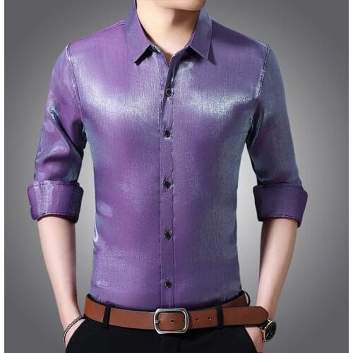Purple Satin Shirts Mens Burgundy Ice Silk Shirts For Mens Claret Shirt Light Blue long sleeves Dresses Lilac Blouses Large Size