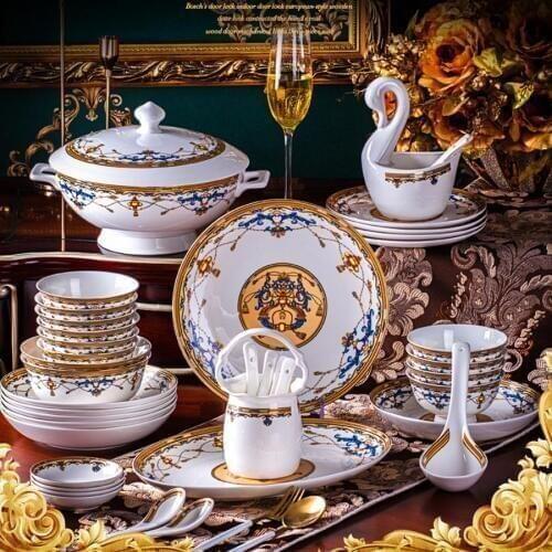 60 Heads Jingdezhen Ceramic Dinner chinese dishes Rice Bowl Soup Bowl Salad Noodles Bowl Plate Dinnerware Sets Tableware