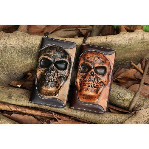 Free Shipping,new punk type tanning cowhide skeleton skull wallet,mens zipper purse,multi-functional handbag.business cool gift