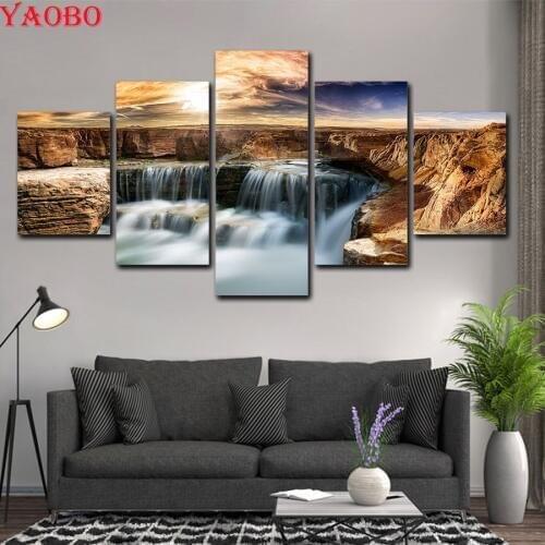 Full Square Diamond Painting Natural Sunrise Waterfall embroidery Wall Art Canvas Diamond Mosaic for Living Room Sticker 5 Piece