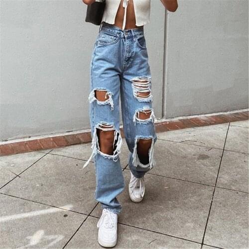Sexy Spring Hole Ripped Jeans For Women High Elastic Light Washed Vintage Straight Wide Leg Trousers Femme Denim Jeans #T1G
