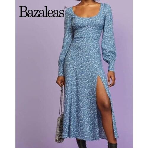 Bazaleas France Blue Floral Print Split women dress Vintage Long sleeve women midi Dresses Autumn vestidos