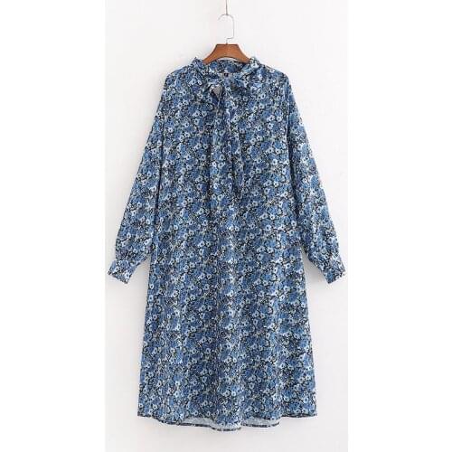 New Pop Women Print Dress Bow-neck Long Sleeves Midi Dress Loose elegant casual Blue Dress for Women vestidos femme robe