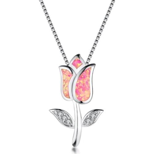 Silver Plated Leaf Flower Pink Opalite Opal Pendant Link Chain Necklace for Elegant Women Jewelry