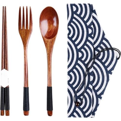 Wooden Tablewares 3 Pieces Japanese Style Wooden Cutlery Set in an Oriental Style Pouch with Pouch Dinnerware Tablewares