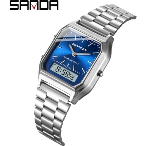 Top Luxury Brand SANDA Fashion Women Watches Stainless Steel Band Watch Quartz LED Clock Men Business Wristwatch reloj hombre
