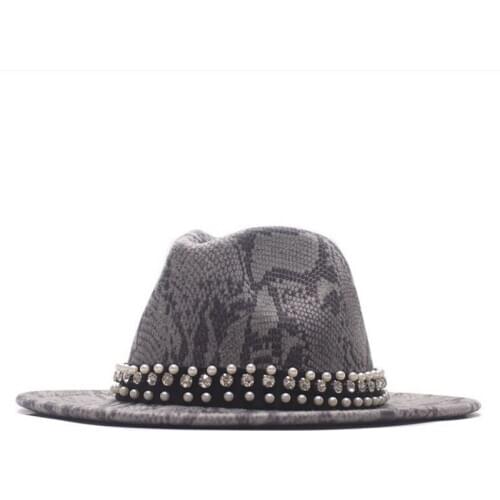 Women Men Fedora pearl Ribbon Wool Felt Jazz Cap Male Female Wide Brim Panama Vintage Floppy Trilby Hat Snake skin Panama Hat