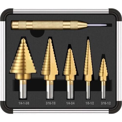 Drillpro 6pcs/box HSS Titanium Coated Step Drill Bit With Center Punch Drill Set Hole Cutter Drilling Tool