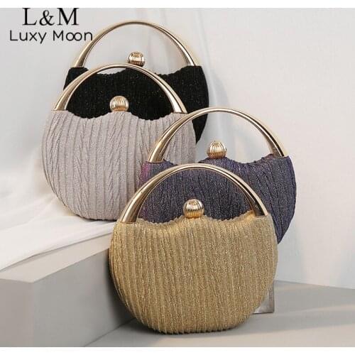 Wedding Pleated Clutch Bag Luxury Handbags For Women Elegant Round Shoulder Bag Gold Diamond Party Evening Clutch Bag Purse XA1H