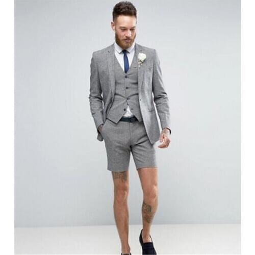 2019 Light Grey Shorts Summer Elegant Mens Suit (Jacket +Pants+Vest) Casual Groom Tuxedo Beach Wedding Suits Best Man Blazer