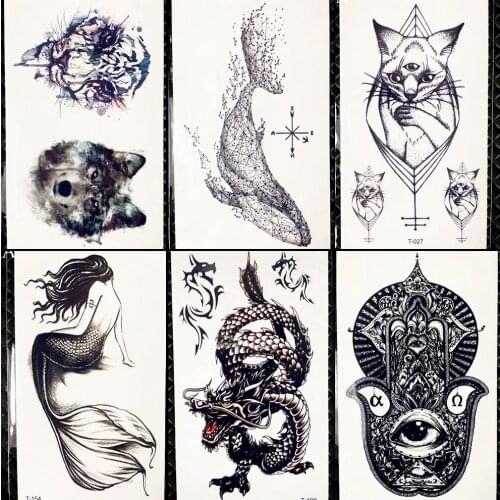 Black Dragon Temporary Tattoo Stickers Women Hamsa Back Tatoos Men Geometric Whale Little Body Arm Art Fake Tattoo Mermaid