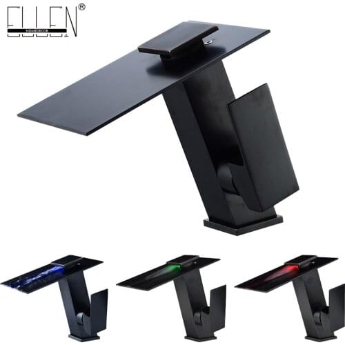 Vidric LED Bathroom Faucet Waterfall Basin Sink Mixer 3 Color Temperature Control Oil Rubble Bronze Finish ELF1407B