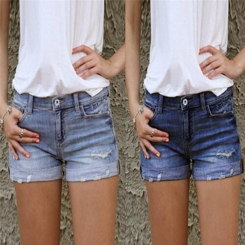 Vintage Ripped Hole Denim Shorts Fringe Blue Jeans Women Casual Button Pocket Jeans Shorts Ripped Denim Shorts 2021 New Style