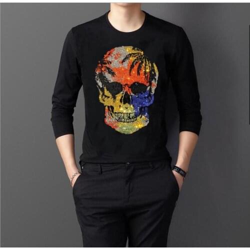 High Quality long T Shirts Hot drill Fashion Skull Tshirt Slim Fit Long Sleeve T Shirt For Men Hot Sale Male Top