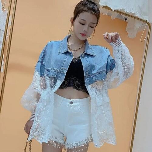 Women Denim Jacket Loose Lace Stitching Embroidery 2021 Spring Summer Elegant Jeans Coat Fashion Ladies Jackets Mujer All-match