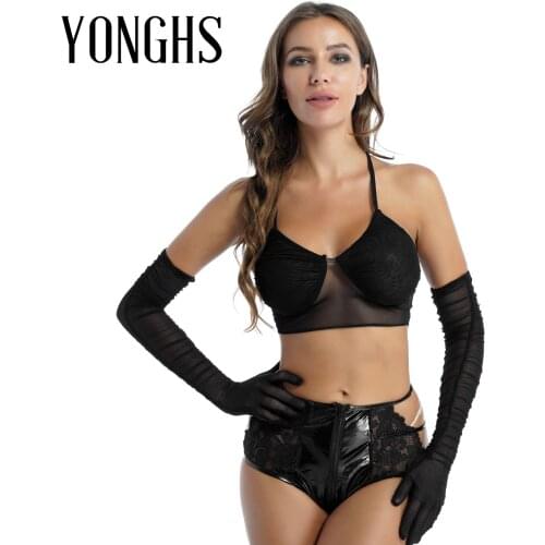 Womens Pole Dancing Costumes Transparent Mesh Camisole Sexy Halter Lace-up Vest Top V Neck Backless Crop Tops With Ruched Gloves