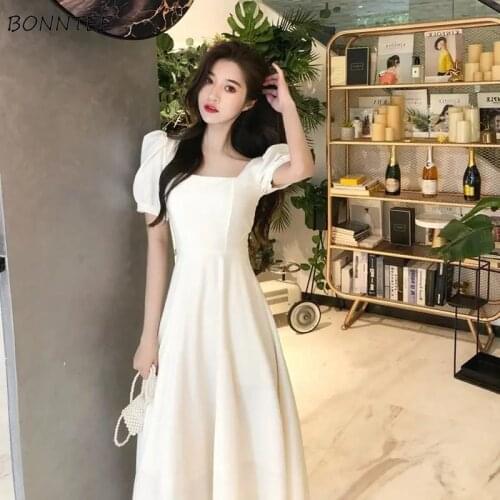 Dresses Women French Style Vintage High Waist Puff Sleeve Solid Ladies Vestidos Fashion Simple Comfortable All-match Student New