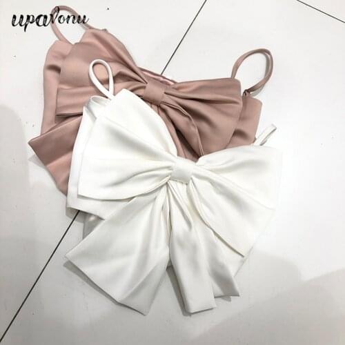Free Shipping Bowknot Camisole Womens Sleeveless Solid Color Slim Cropped Top Sweet Pink Top 2021 New Summer