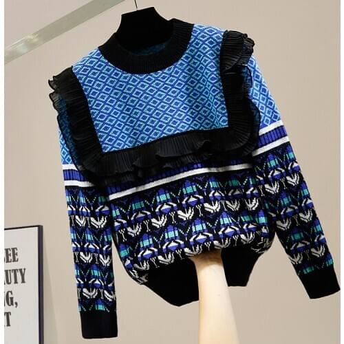 Ruffles Patchwork Vintage Print Loose Sweater Women O-neck Korean Loose Knitted Pullover Long Sleeve Modis Tops