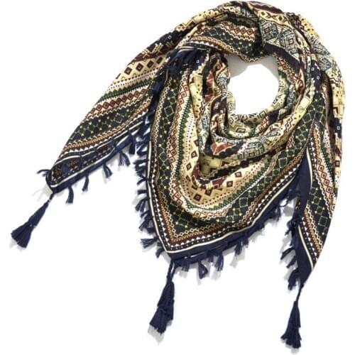 Square Scarf Handkerchief Bohemian Scarf Women Winter Wrap Retro Pattern Tassel Female Scarf Big 115cm Cotton Foulard Floral New
