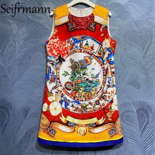Seifrmann New 2021 Summer Women Fashion Runway Party Mini Dress Gorgeous Crystal Beading Vintage Print Sleeveless A-Line Dresses