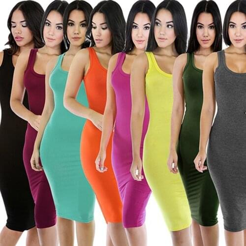Women Casual Summer Solid Sleeveless Mini Size Vintage Sexy Clothing Bodycon Tank Club Dress O Neck Dropshipping