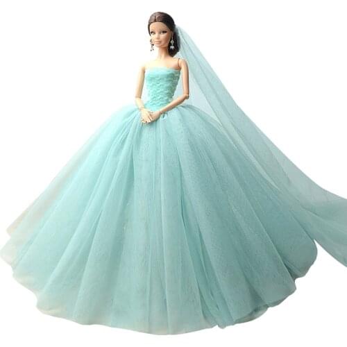 1x Handmade Wedding Dress Green Lace Party Gown +Veil Costume Clothes for Barbie Doll Accessories Dollhouse Girls Toys