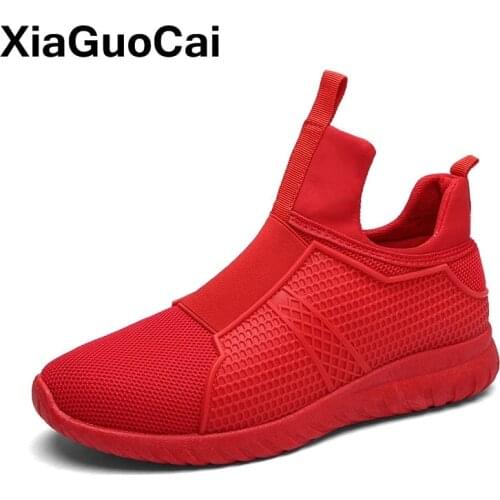 2019 High Top Men Shoes Sneakers Spring Autumn Knit Man Casual Shoes Breathable Slip-On Red Mesh Footwear For Male Clearance