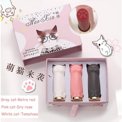 3 Pcs/set Cartoon Cat Lipstick Makeup Cat lip Stick Set Waterproof Long Lasting Crystal lipstick Moisturizing lipstick batom