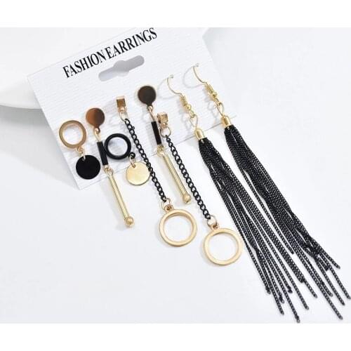 4Pairs/set Boho Gold Metal Geometric Drop Earings for Women Boho Minimalist Jewelry Black Long Tassel Earring Party Gift