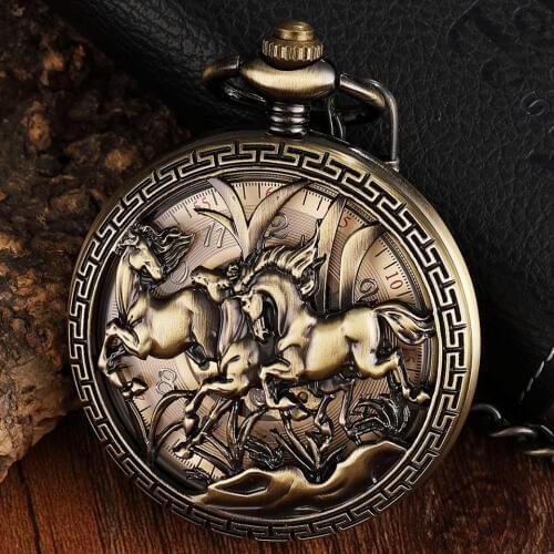 Retro Hollow Horse Design Pocket Watch Mens Unique FOB Chain Roman Dial Steampunk Bronze Skeleton Mechanical Hand Wind Men Watch