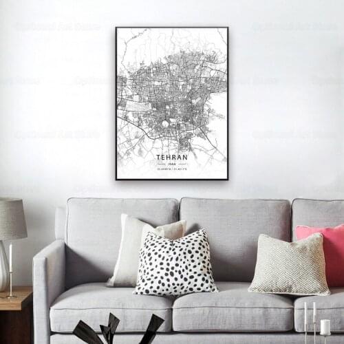 Black and White Tehran Iran White Latitude Longitude Canvas Art Map Poster