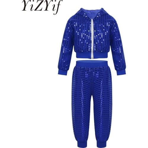 Kids Girls Hip-hop Jazz Dance Costume Shiny Sequins Street Dancing Clothes Set Long Sleeve Hooded Tops with Pants Jazz Costume
