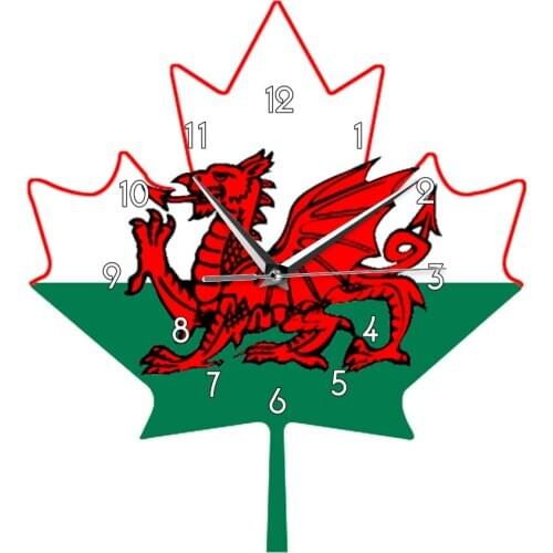 Flag of Wales Maple Leaf Shape Wall Clock Welsh Red Dragon On White Green Maple Leaf GB United Kingdom Great Britain Clock Watch