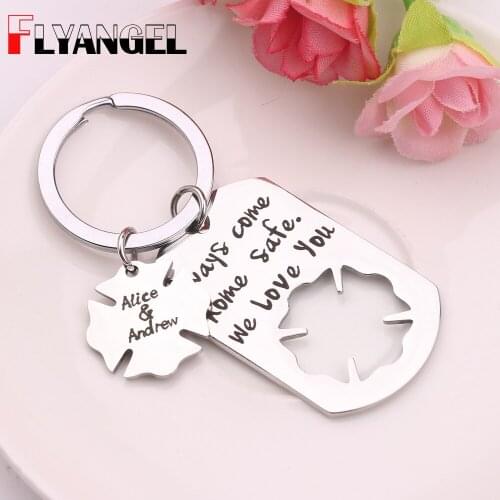 FLYANGEL Personalized Always come home safe Firefighter Jewelry Maltese Cross Cut out Keyring Customize Name Firemens Wife Gift