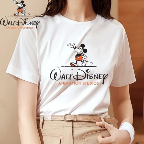 Mickey Mouse T Shirts Short Sleeve Casual Loose Round Neck White Walt Disney Tshirts Harajuku Femme Clothes Tops Tees
