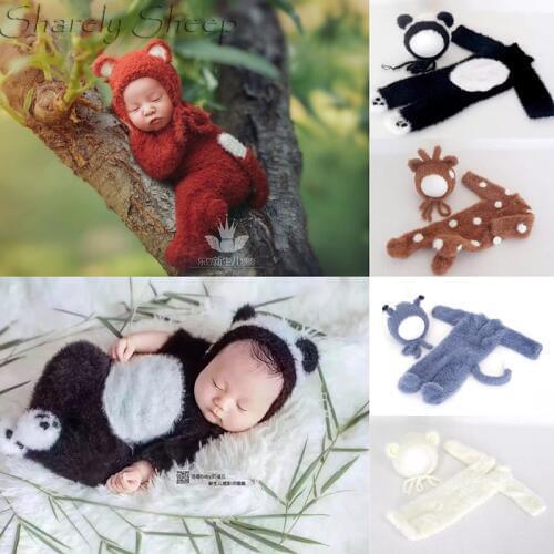 Handmade Newborn Onesie Sitter Photography Props Cartoon Animal Rompers Baby Boy Photo Shoot Posing Bear Hat+Footed Overall bebe