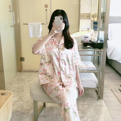2021 Summer Silk Satin Short Sleeve Long Pants Pajama Sets for Women Korean Print Sleepwear Pyjama Homewear Pijama Mujer Clothes