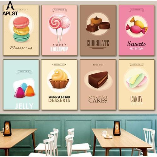 Wall Art Food Canvas Pictures Posters Cute Pink Cartoon Candy Cake Ice Cream Print Paintings Decor for Dining Room Kitchen Cafe