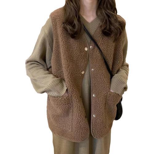 New 2019 Spring Chic Lamb Fur Coat Women Warm Loose V-Neck Sleeveless Vest Cardigan Jacket Solid fashion Casual Vest Female