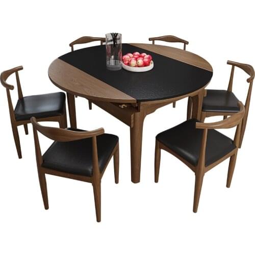 Burnt stone dining table retractable solid wood dining table foldable small apartment round table modern dining room