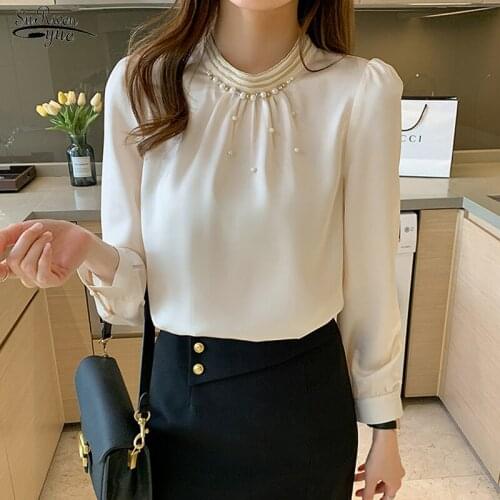 Long-sleeved Solid Beaded Chiffon Shirt Autumn Stand-up Collar Trend Blouse Women Loose Elegant Casual Ladies Blusa Mujer 16390