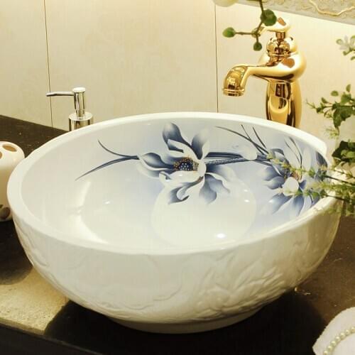 Lotus carving white Jingdezhen factory directly art hand painted ceramic counter top washbasin bathroom sinks wash basin