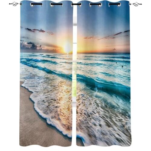Blue Sea Waves Sunset Sunshine Blackout Curtains for Children Kids Home Decor Bedroom Living Room High Shading Window Curtains