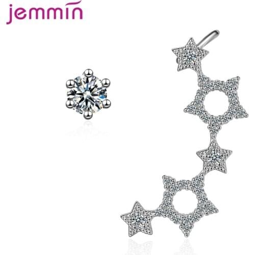 Trendy Women Asymmetry Star Earrings 100% Solid Sterling Silver Stud Earrings For Women Girl Round Shiny AAA CZ Silver Jewelry