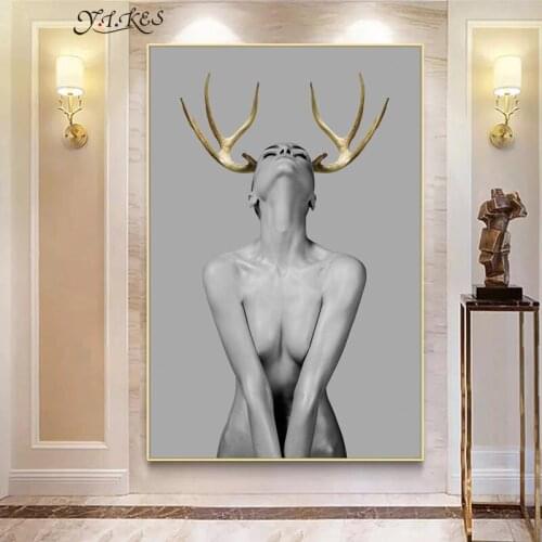 European And American Nordic Decoration High-Definition Micro-jet Printing Golden Horn Deer Woman Body Art Poster Painting Core