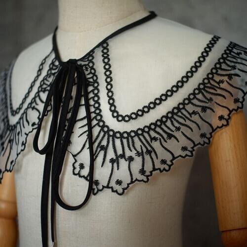Embroidered silk organza lace collar black and white stitching lace-up fake collar childrens summer T-shirt