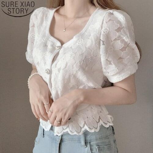 Summer Shirts Ladies Pearl Elegant Sweet Tops Floral Embroidery Lace Blouses Women French Style Square Collar Blusas Mujer 15726